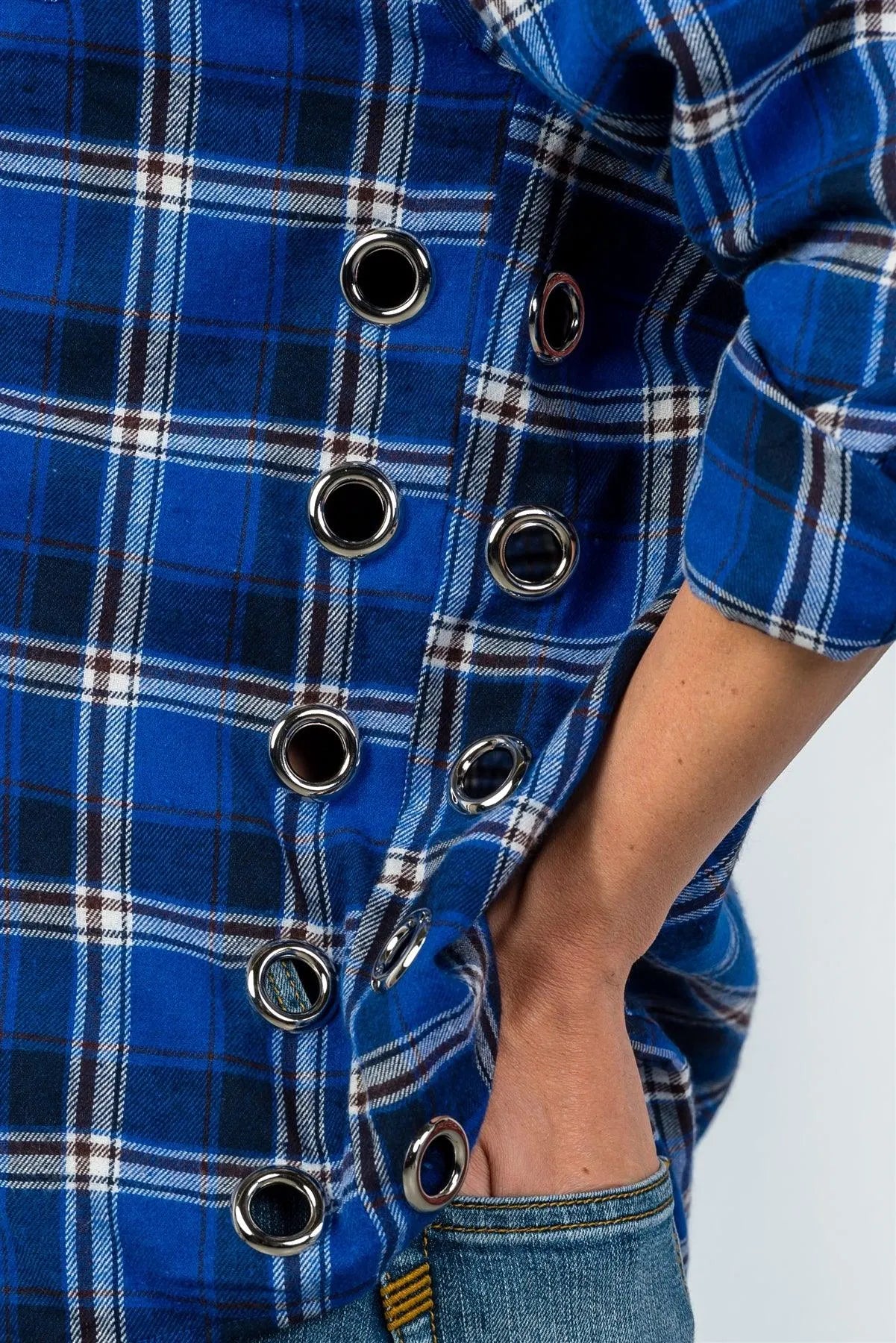 Royal Plaid Side Silver Grommet Top / 3-2-1 - Tasha Apparel Wholesale