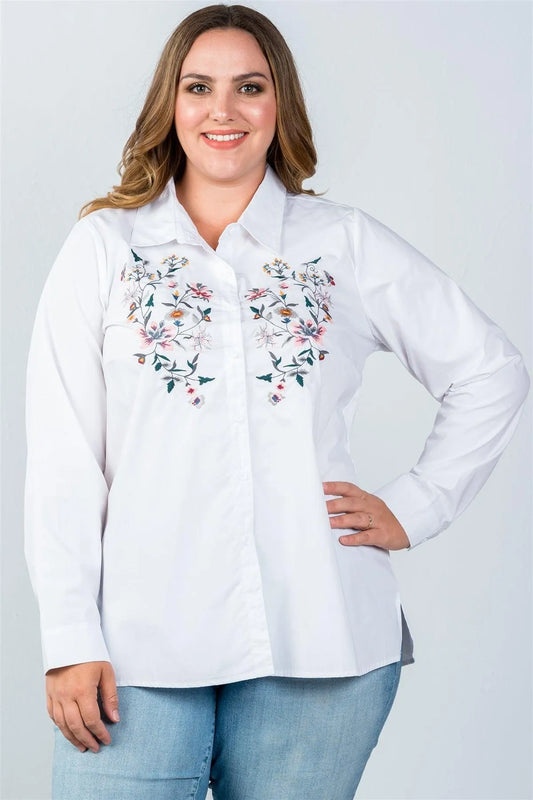 White Plus Size Floral Embroidered Button Down Shirt / 2-3 - Tasha Apparel Wholesale