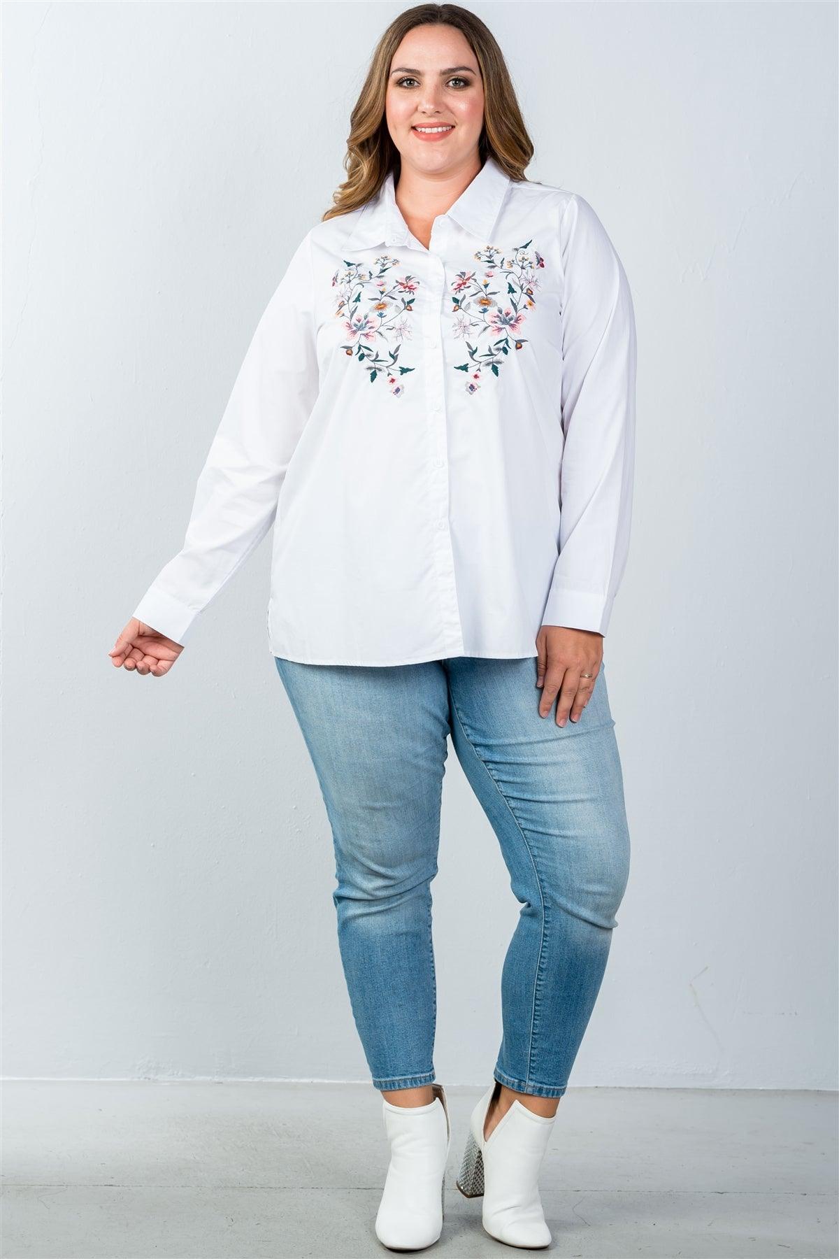 White Plus Size Floral Embroidered Button Down Shirt / 2-3