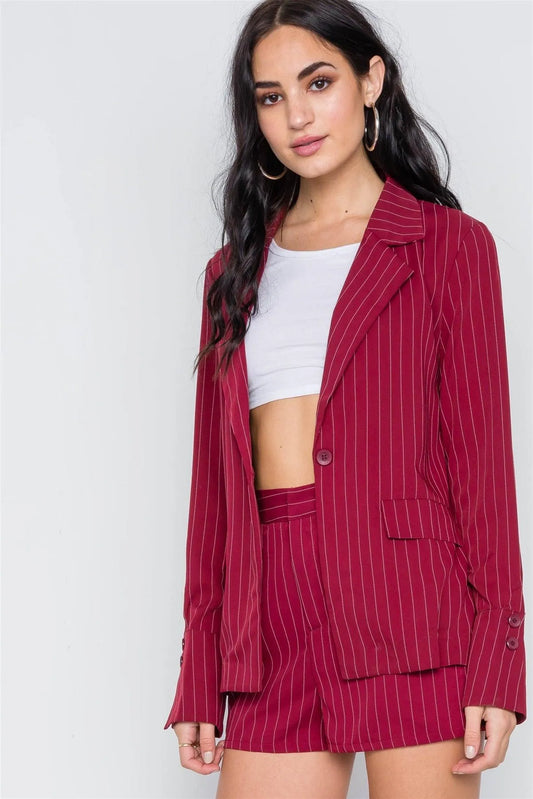 Wine Stripe Long Sleeve Front Button Blazer / 1-2-2-1 - Tasha Apparel Wholesale