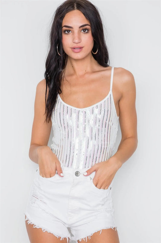 White Sequin Cami Clubwear Bodysuit /1-2-2-1 - Tasha Apparel Wholesale