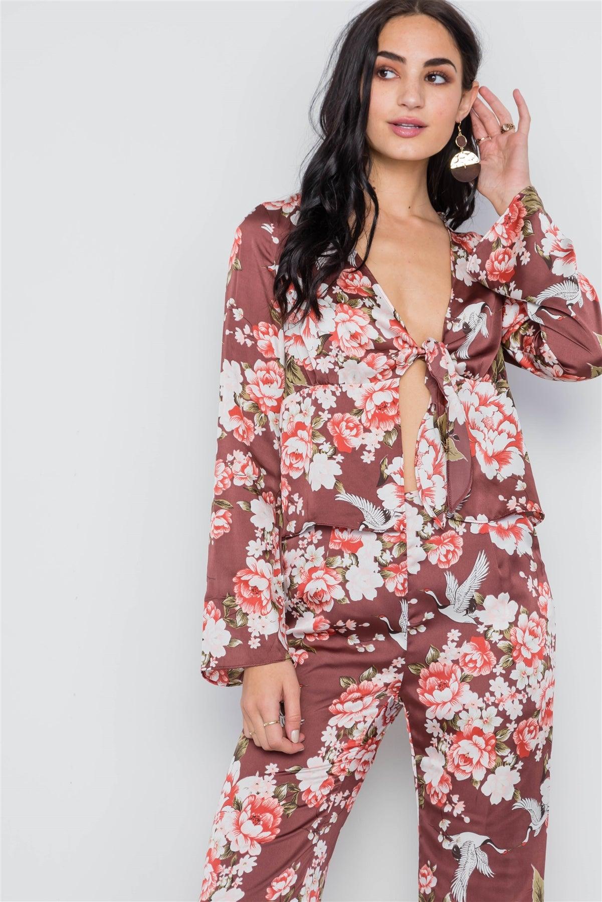 Brick Floral Print Bell Sleeve Front Tie Satin Top