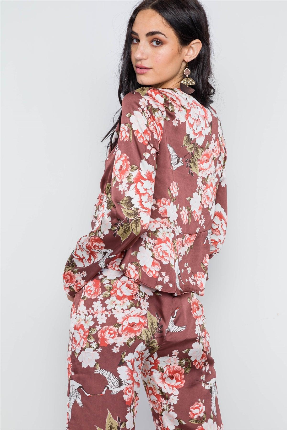 Brick Floral Print Bell Sleeve Front Tie Satin Top /3-2-1