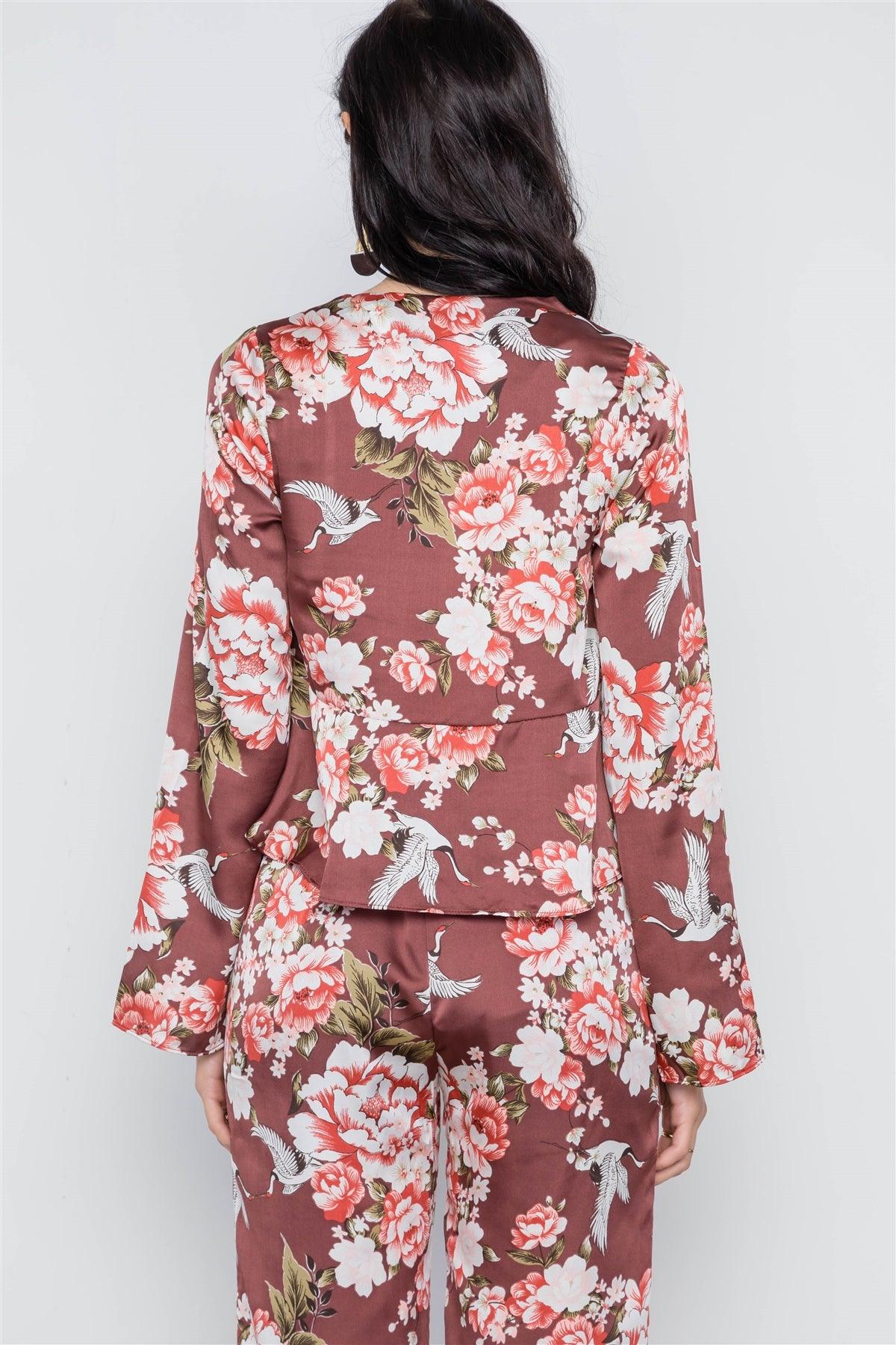 Brick Floral Print Bell Sleeve Front Tie Satin Top /3-2-1