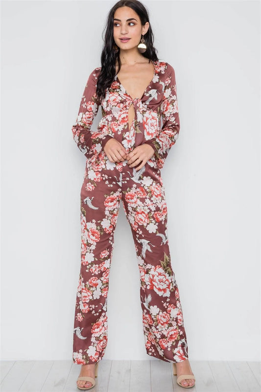 Brick Satin Floral Print Wide Leg High Waist Pants /2-3-1 - Tasha Apparel Wholesale