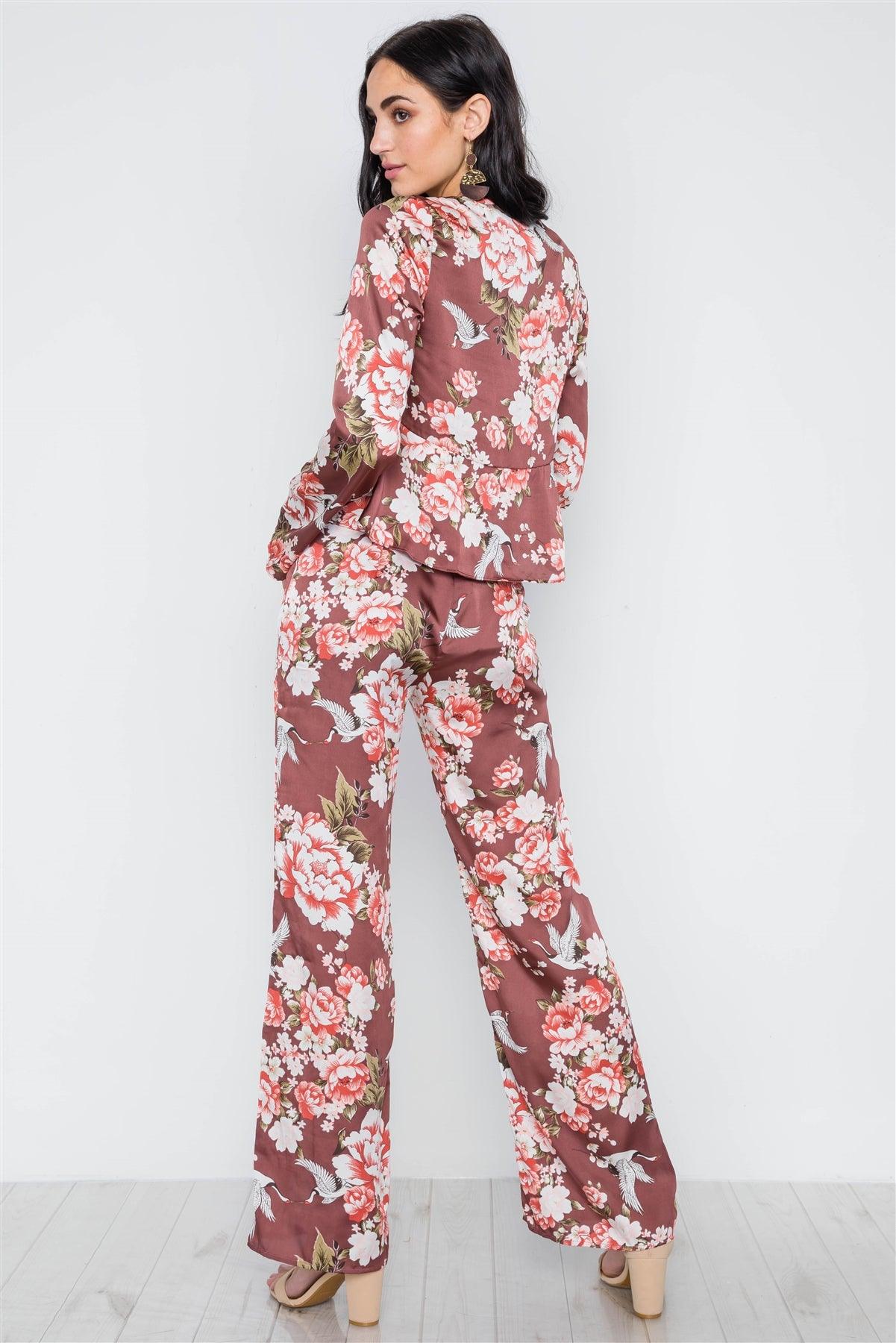 Brick Satin Floral Print Wide Leg High Waist Pants /2-3-1