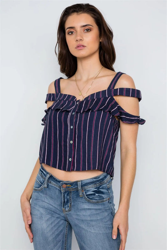 Navy Striped Button Down Cut Out Flounce Boho Top / 3-2-1 - Tasha Apparel Wholesale