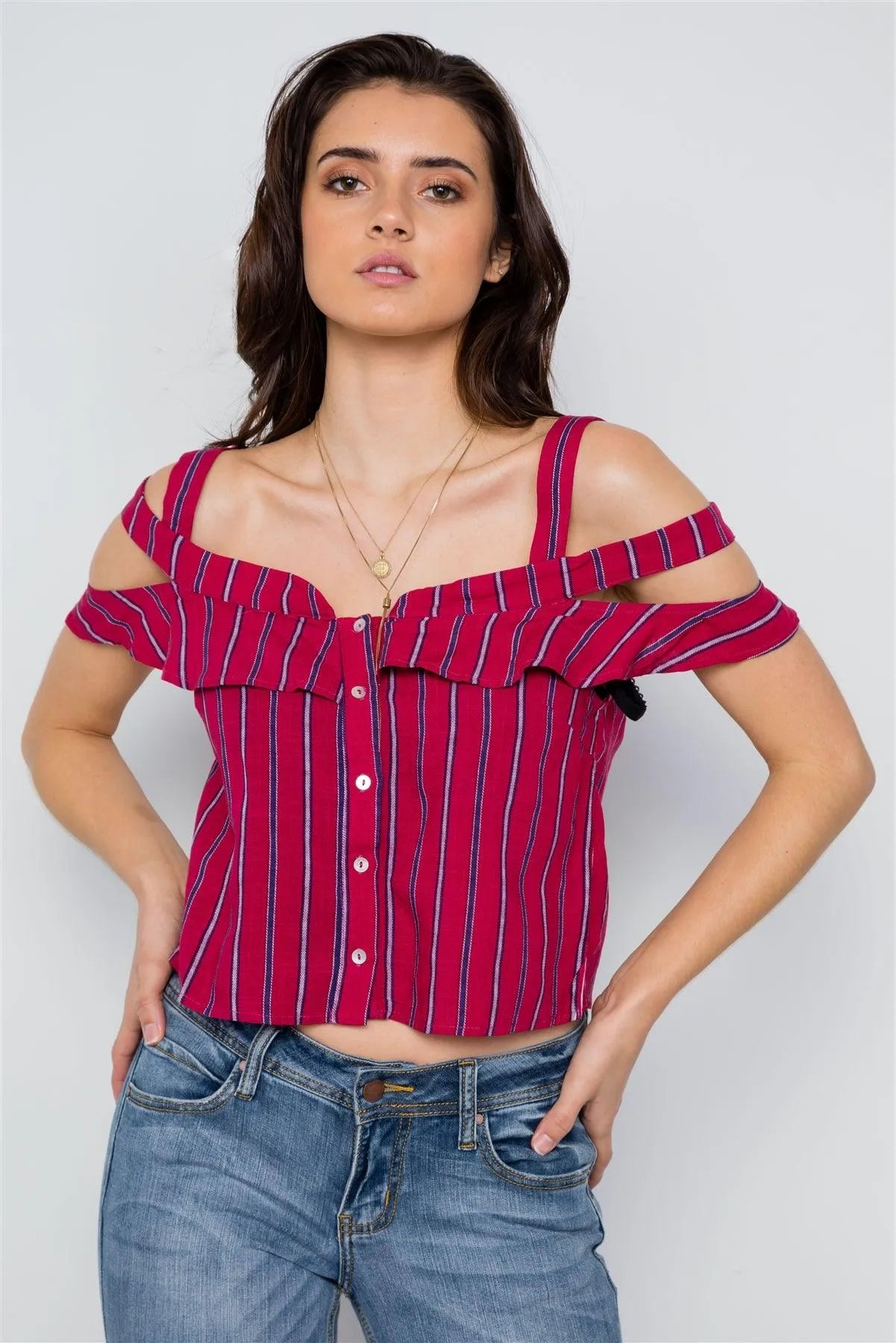 Red Striped Button Down Cut Out Flounce Boho Top / 2-2-1 - Tasha Apparel Wholesale