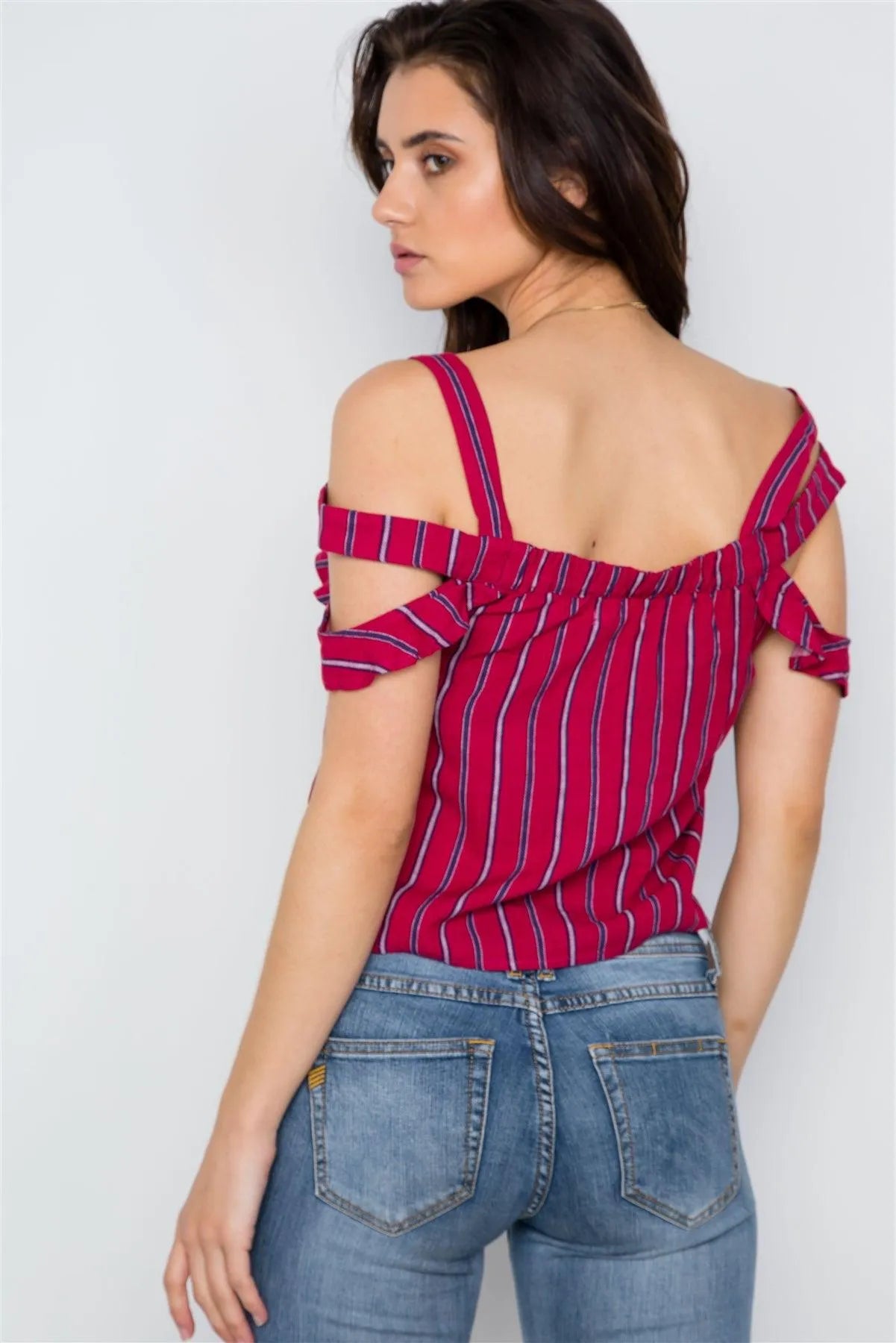 Red Striped Button Down Cut Out Flounce Boho Top / 2-2-1 - Tasha Apparel Wholesale