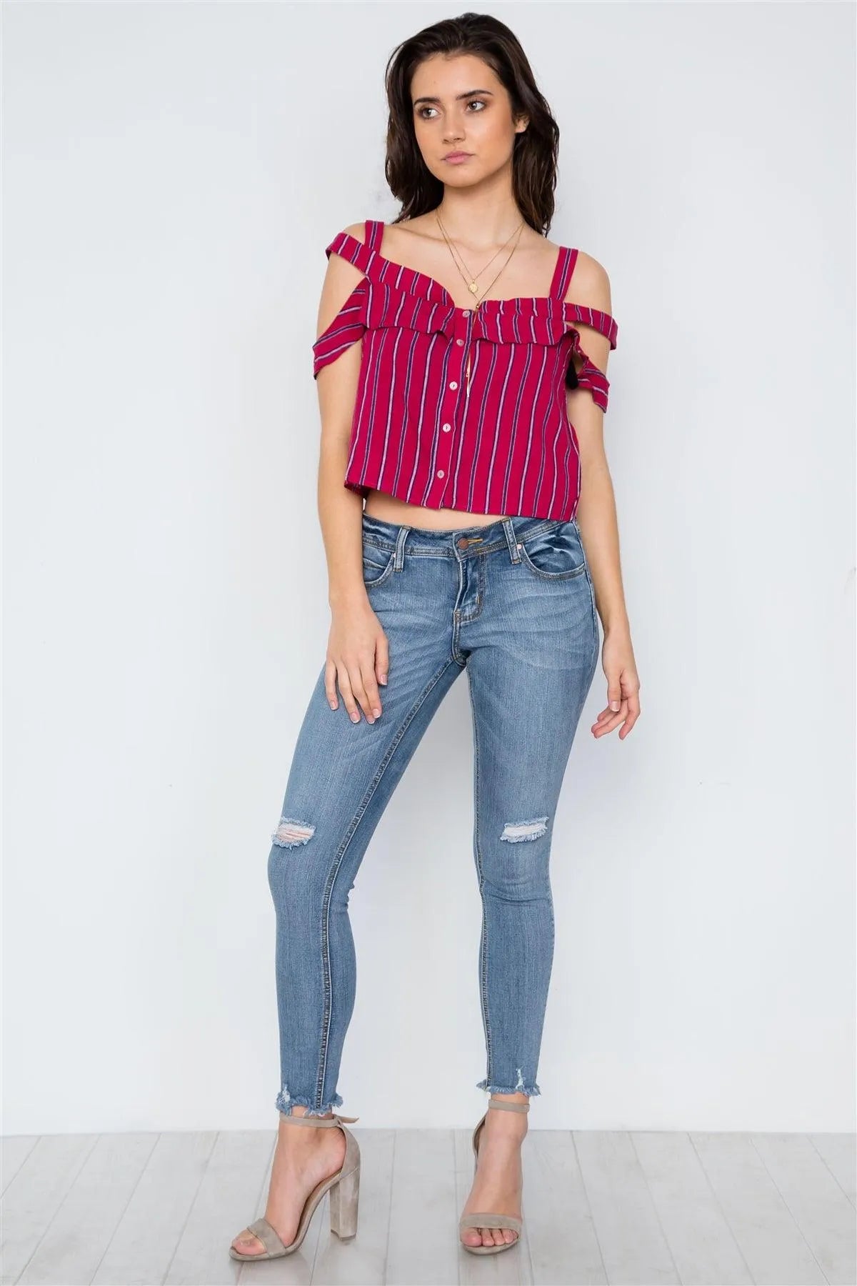 Red Striped Button Down Cut Out Flounce Boho Top / 2-2-1 - Tasha Apparel Wholesale