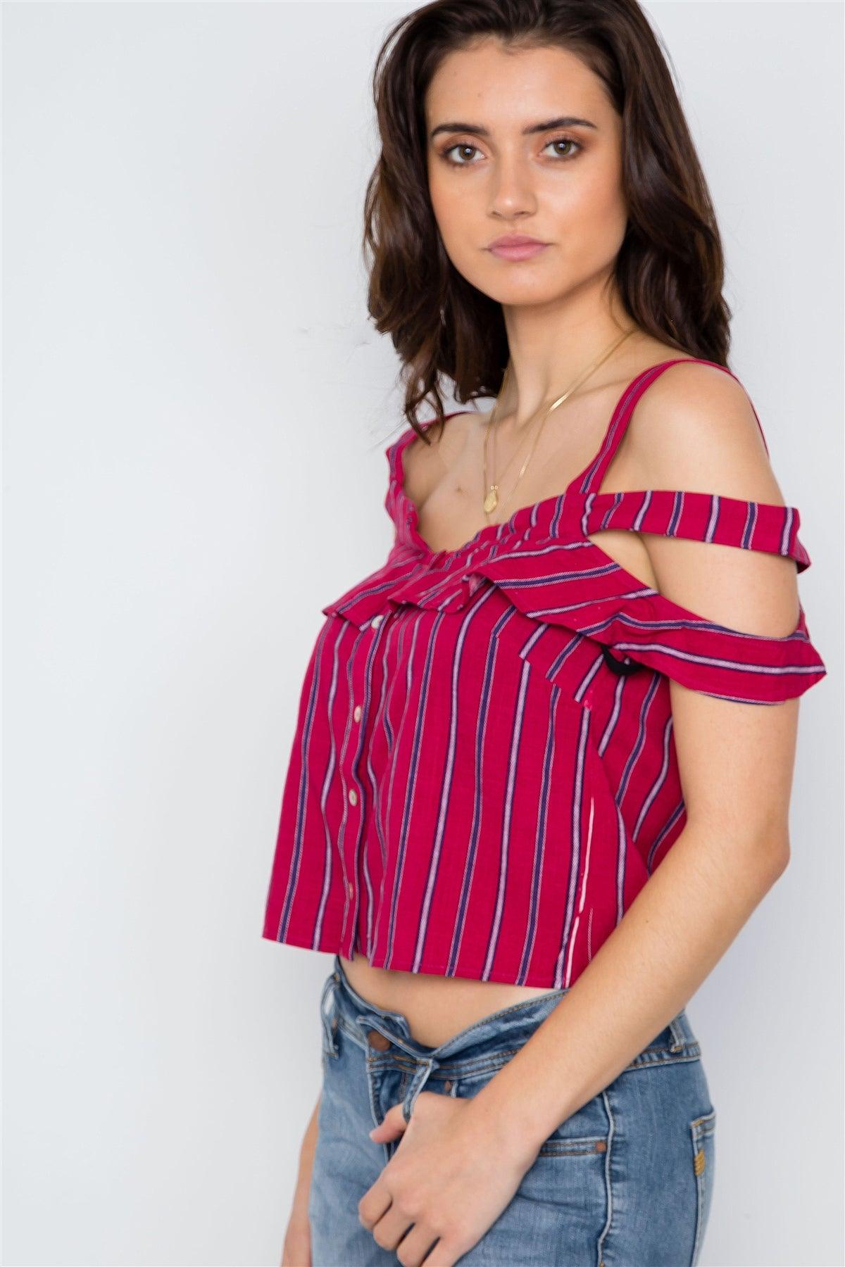 Red Striped Button Down Cut Out Flounce Boho Top / 3-2-1