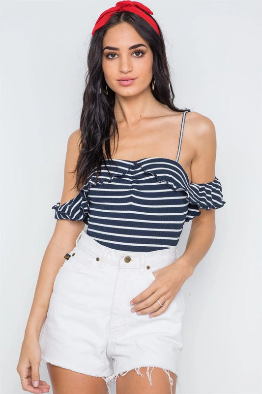 Navy White Knit Ribbed Striped Cami Bodysuit /1-2-2-1 - Tasha Apparel Wholesale