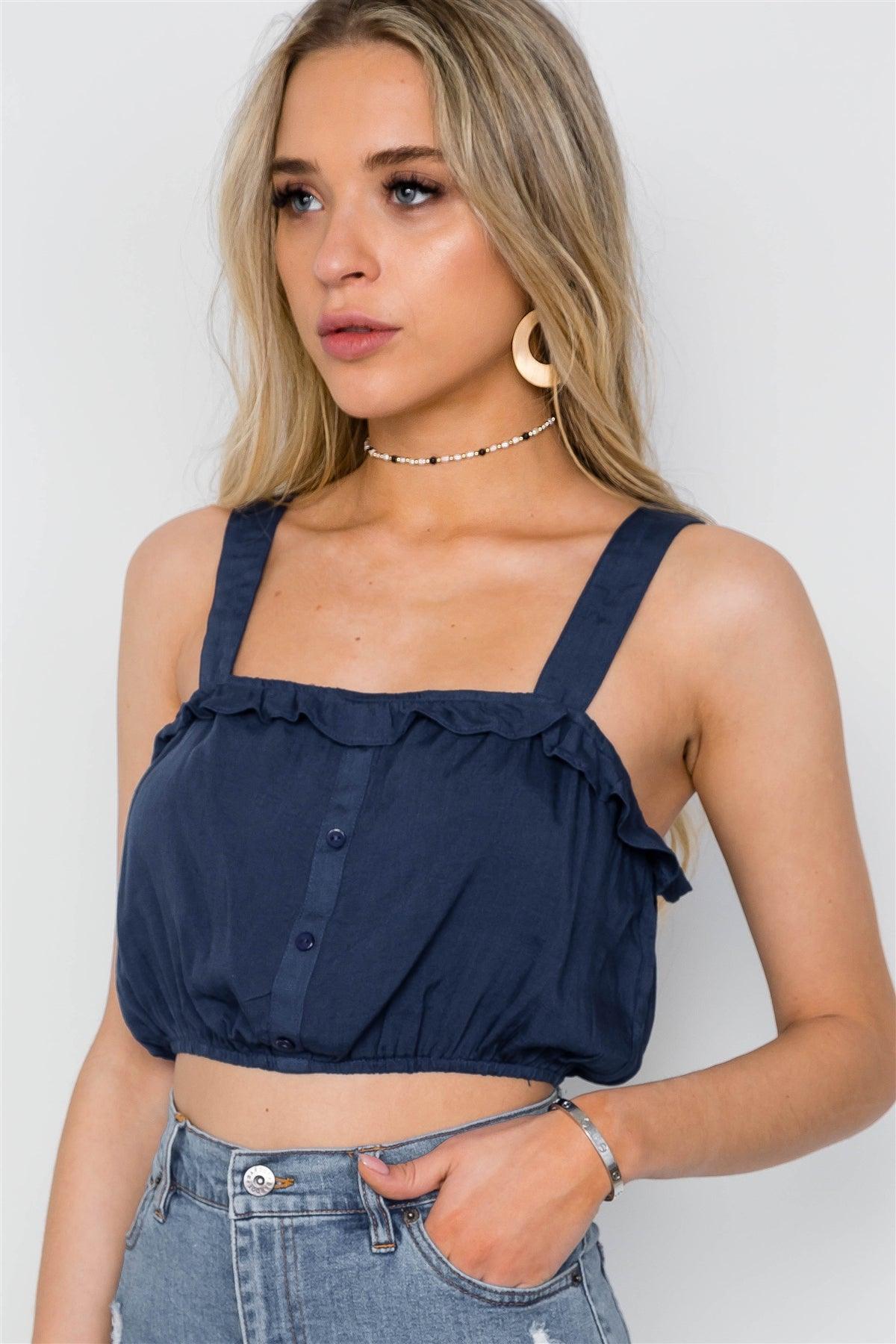 Navy Cropped Button Down Boho Top / 2-2-1