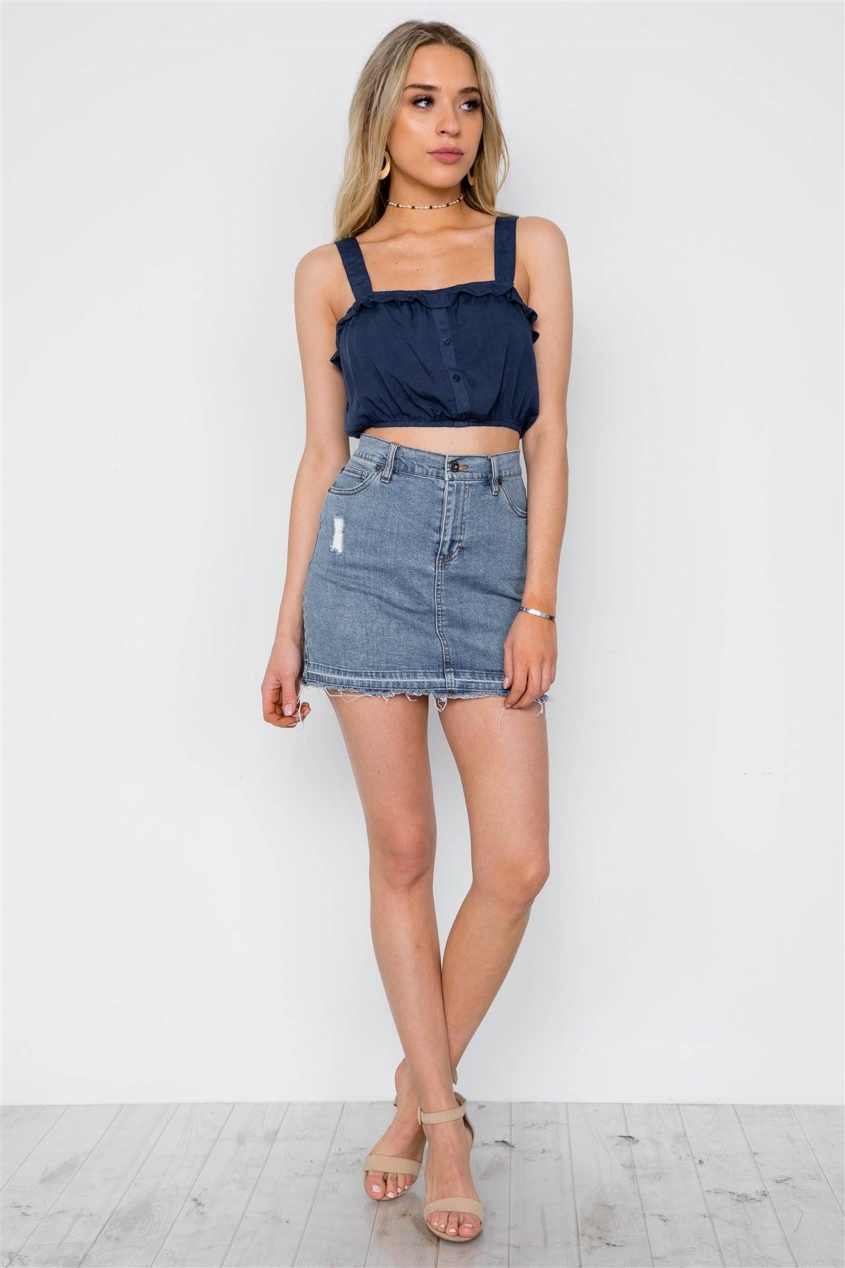 Navy Cropped Button Down Boho Top / 2-2-1