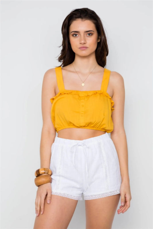 Yellow Cropped Button Down Boho Top / 1-2-2-1 - Tasha Apparel Wholesale