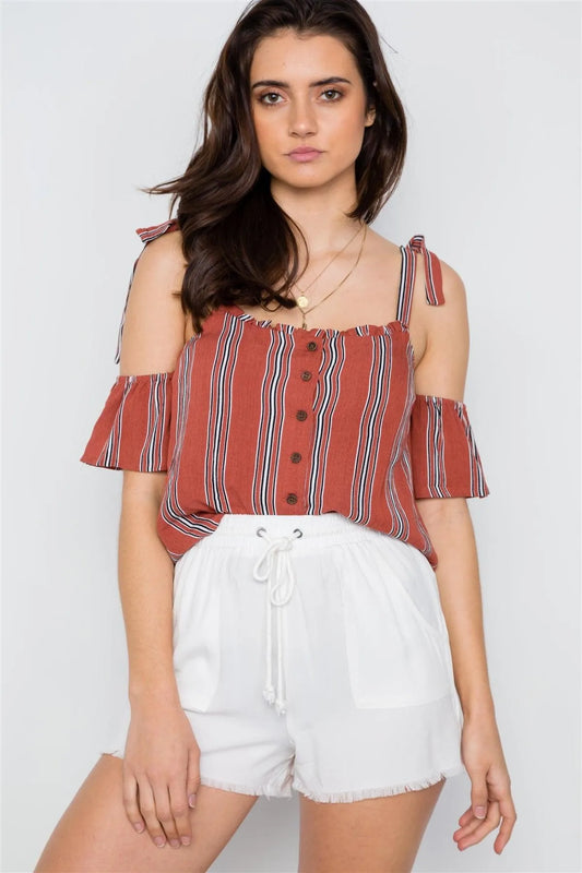 Mauve Striped Cold Shoulder Short Sleeve Top / 3-2-1 - Tasha Apparel Wholesale