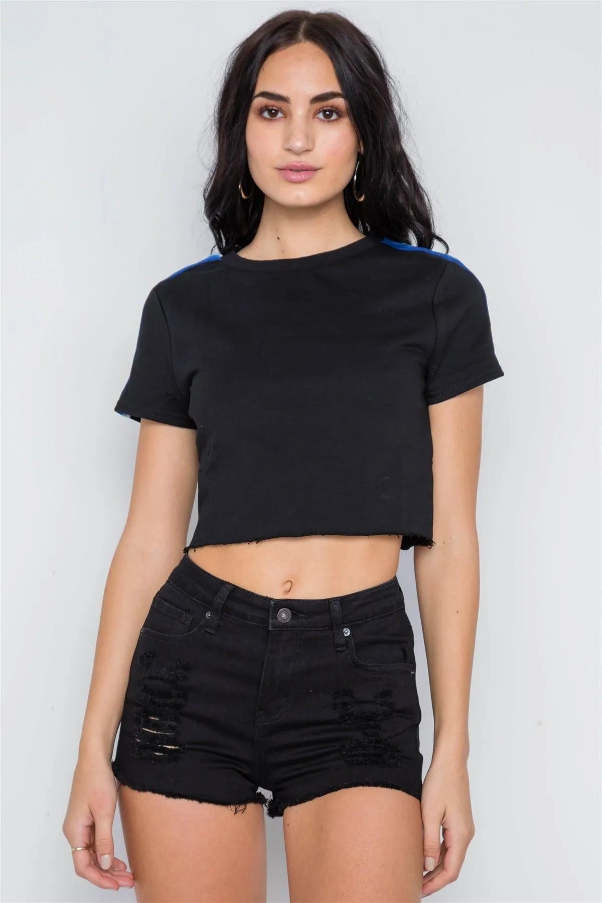 Black Knit Contrast Trim Round Neck Short Sleeve Top / 1-2-2-1 - Tasha Apparel Wholesale