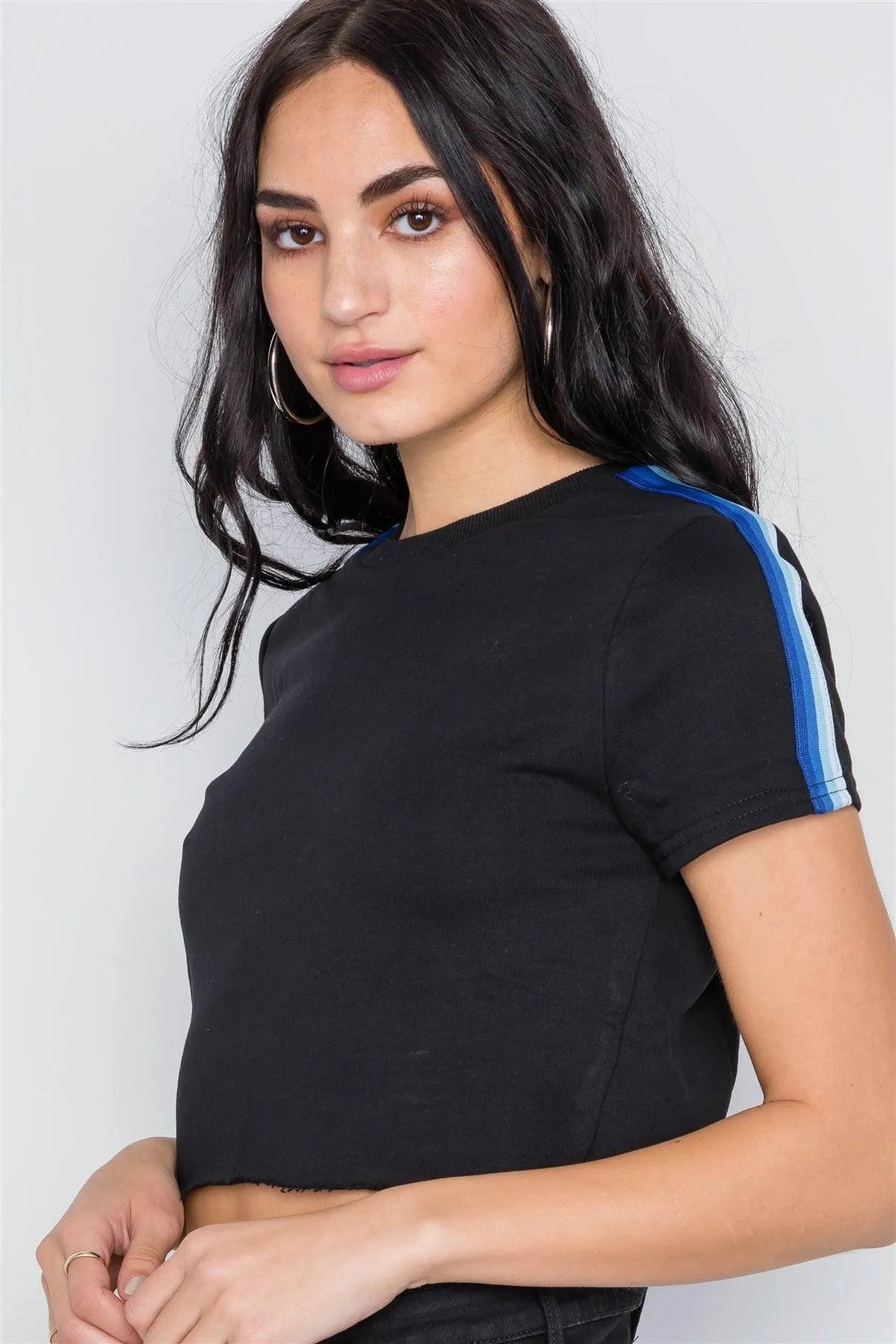 Black Knit Contrast Trim Round Neck Short Sleeve Top / 1-2-2-1 - Tasha Apparel Wholesale