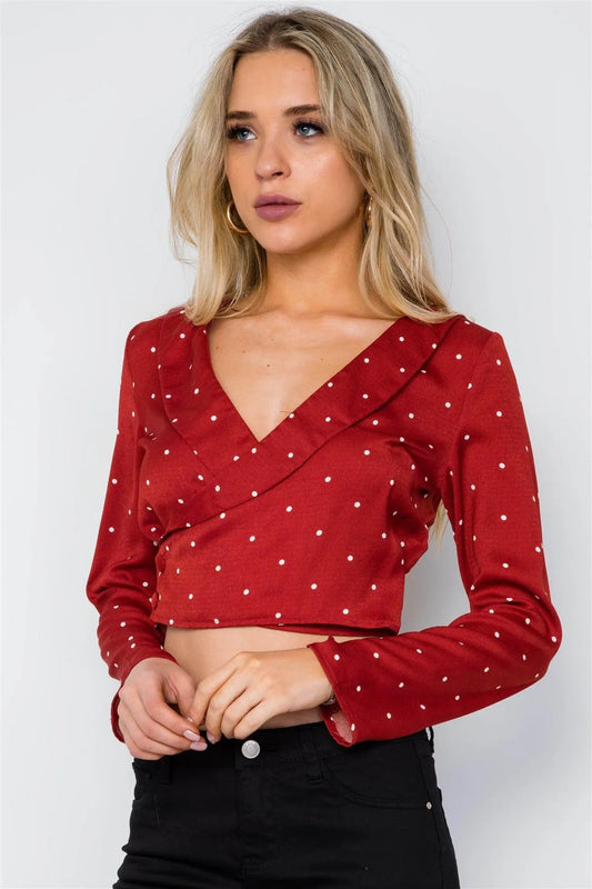 Brick Polka Dot Long Sleeve Cropped Top / 3-2-1 - Tasha Apparel Wholesale