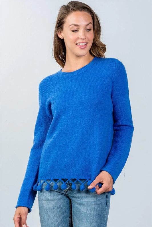 Blue Pom-Pom Hem Sweater / 1-3-5 - Tasha Apparel Wholesale