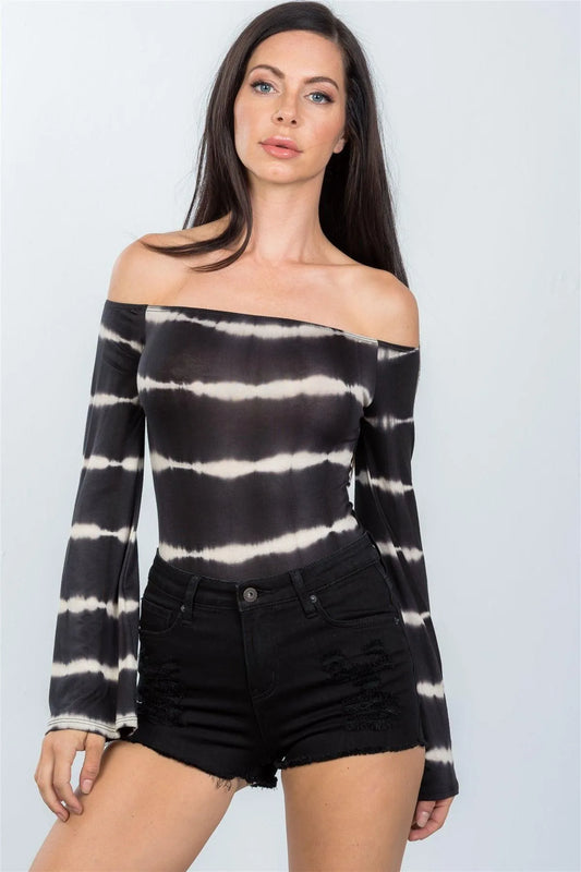 Black Off The Shoulder Tie Dye Boho Bodysuit - Tasha Apparel Wholesale