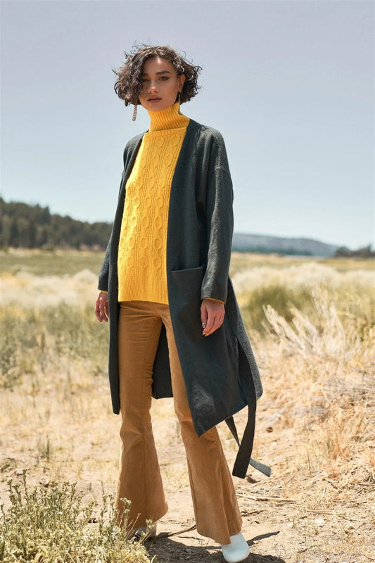 Deep Pine Green Knit Long Sleeve Open Front Two Front Pockets Belted Long Cardigan /3-2-1 - Tasha Apparel Wholesale