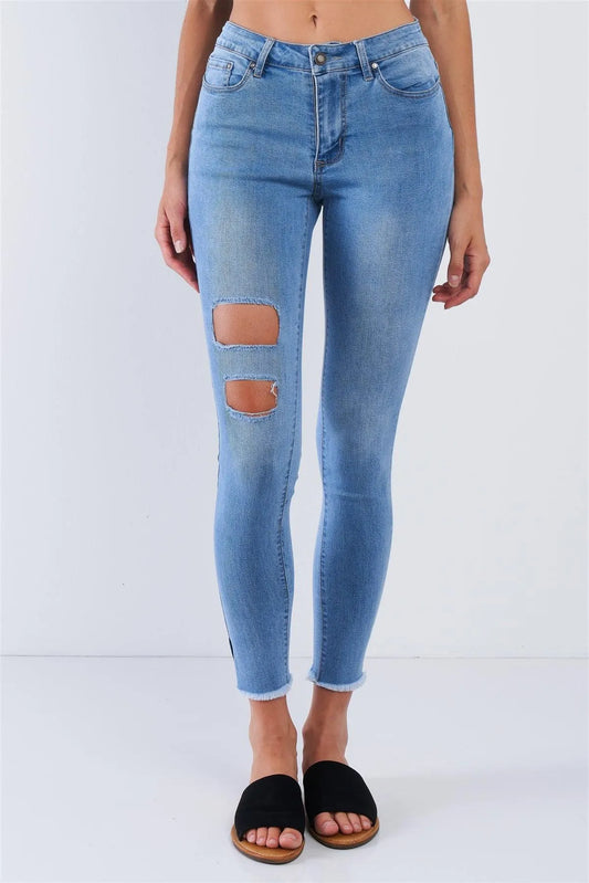 Light Blue Ripped Leg Fringed Hem Jean High Waisted Pants /1-2-2-2-2-2-2-1 - Tasha Apparel Wholesale