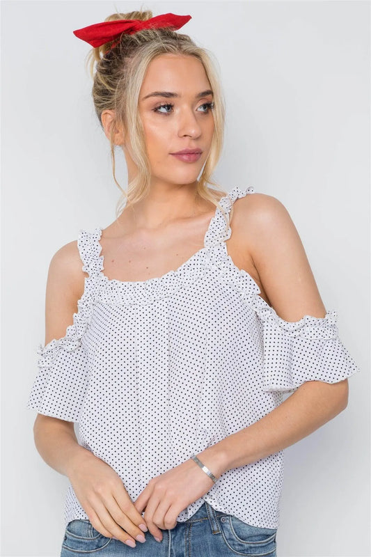 Off White Polka Dot Cold Shoulder Ruffle Top /2-2-2 - Tasha Apparel Wholesale