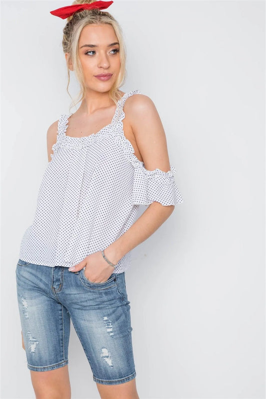Off White Polka Dot Cold Shoulder Ruffle Top /1-3-3 - Tasha Apparel Wholesale