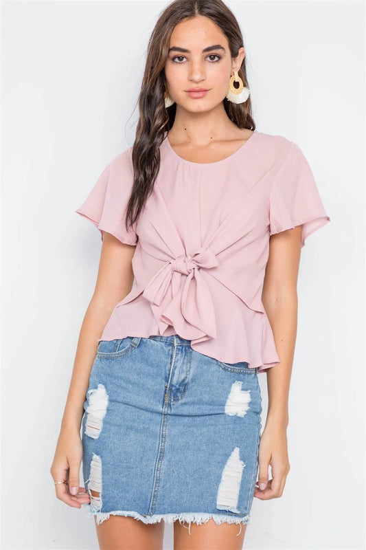 Blush Tie-Front Butterfly Sleeve Chiffon Blouse - Tasha Apparel Wholesale