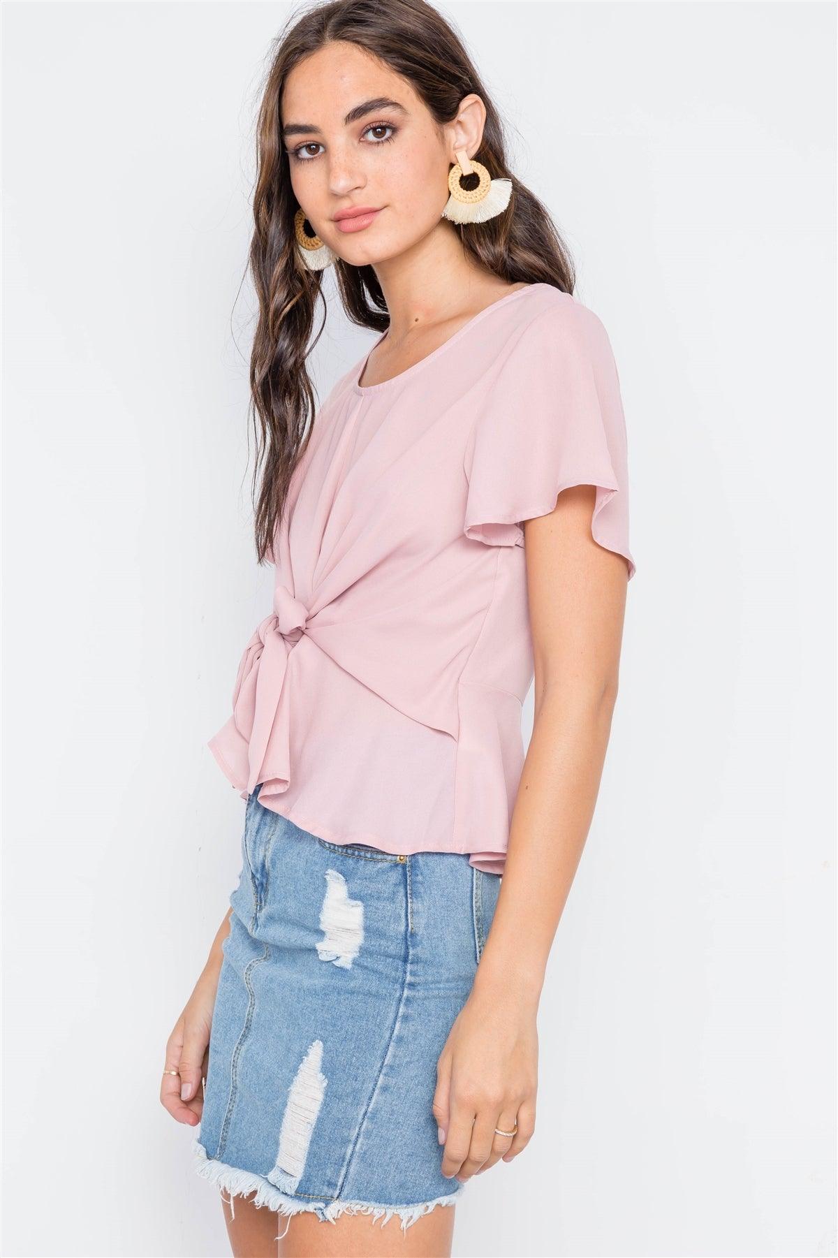Blush Tie-Front Butterfly Sleeve Chiffon Blouse