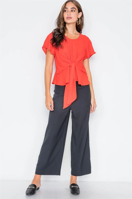 Tomato Tie-Front Butterfly Sleeve Chiffon Blouse - Tasha Apparel Wholesale