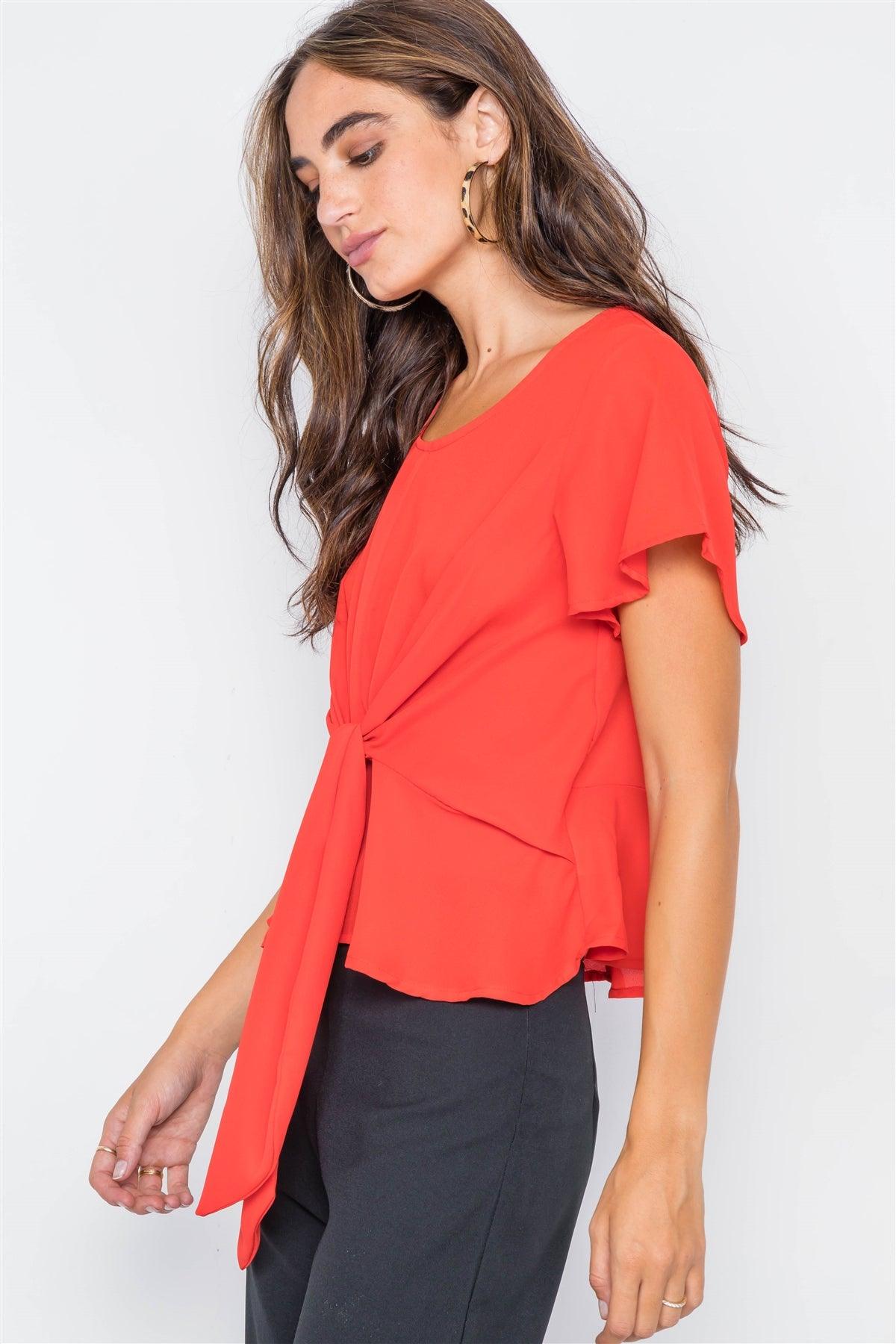Tomato Tie-Front Butterfly Sleeve Chiffon Blouse