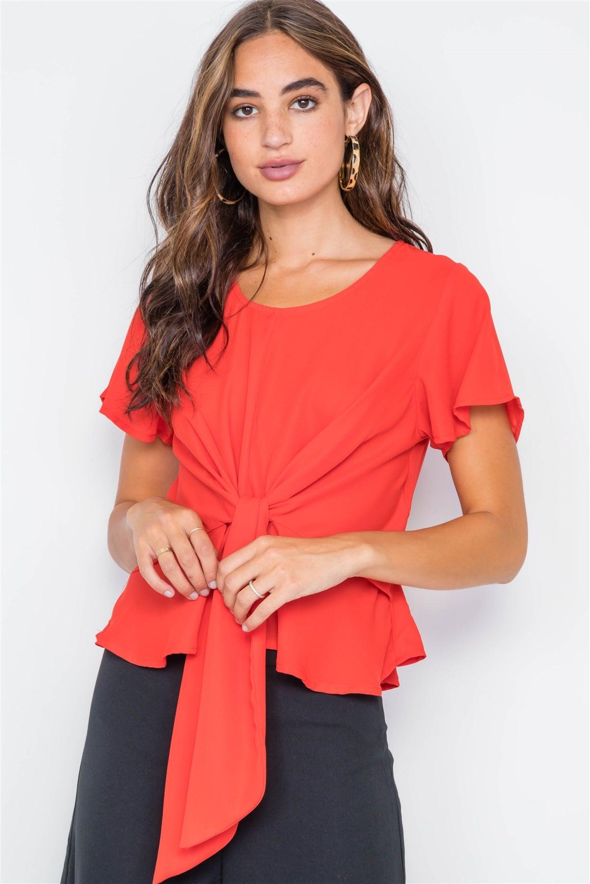 Tomato Tie-Front Butterfly Sleeve Chiffon Blouse
