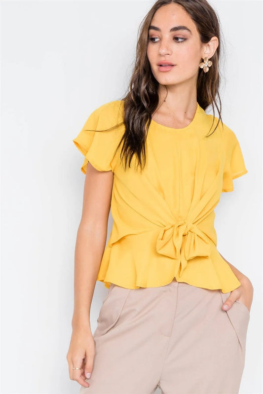 Yellow Tie-Front Butterfly Sleeve Chiffon Blouse - Tasha Apparel Wholesale
