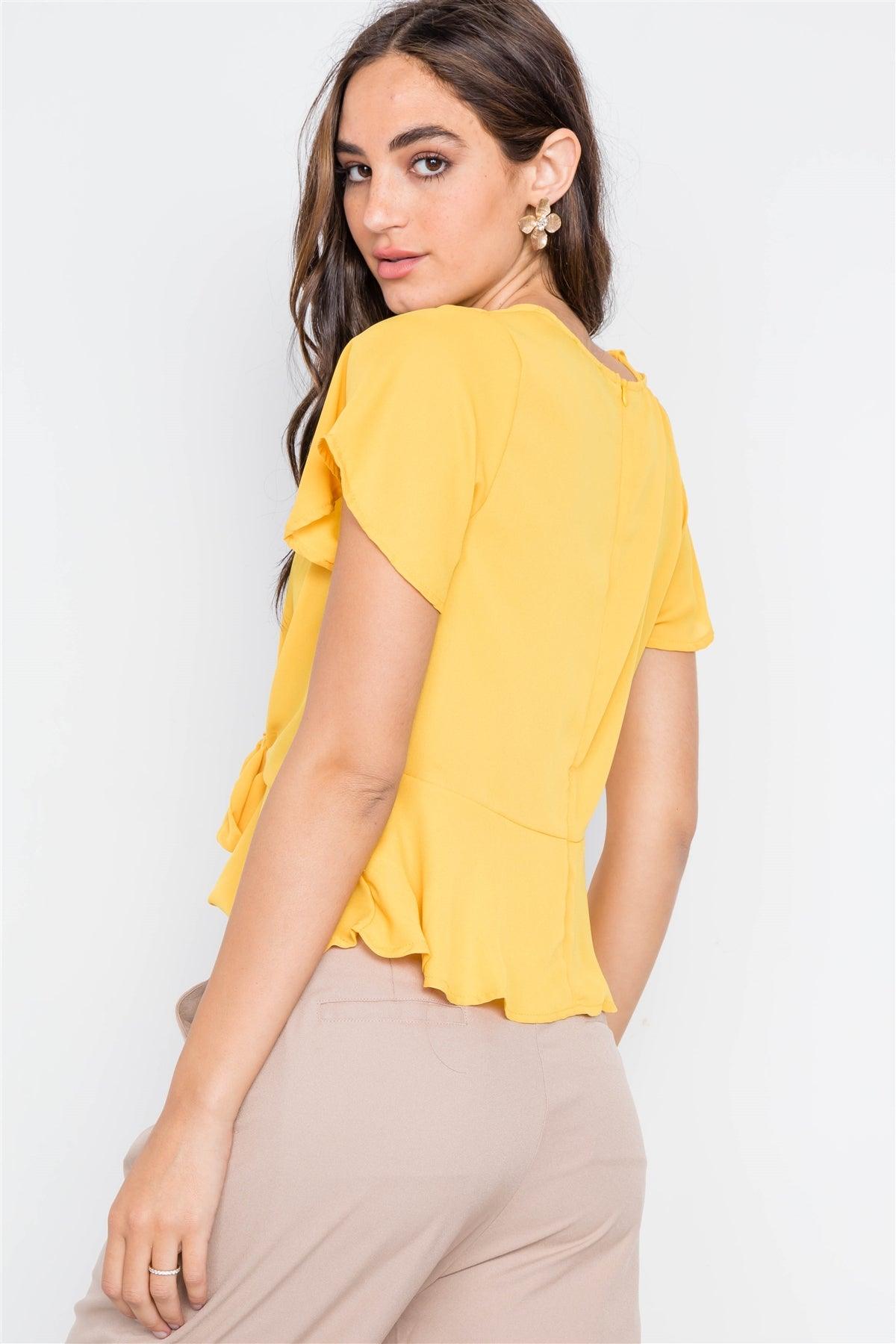 Yellow Tie-Front Butterfly Sleeve Chiffon Blouse