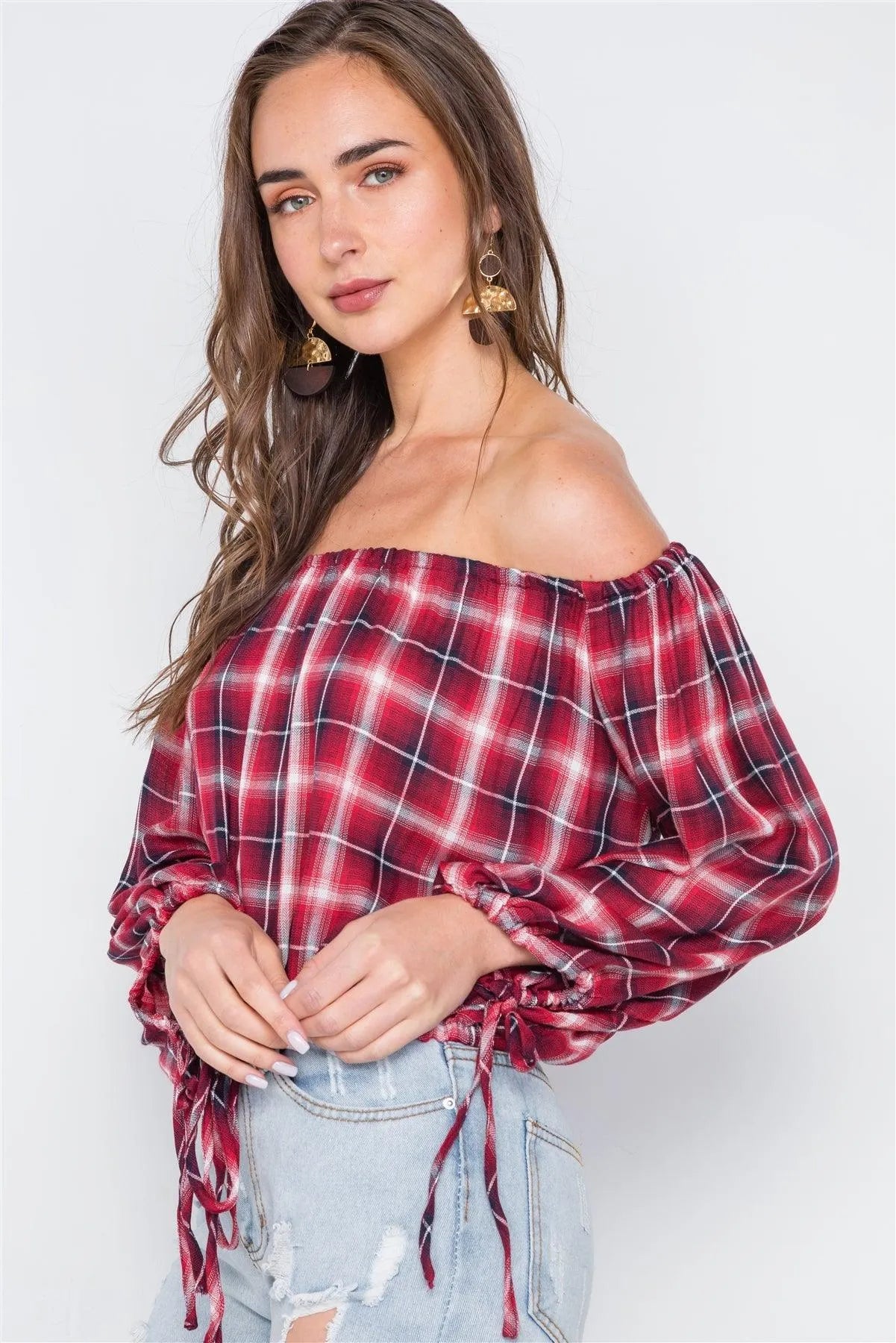 Multi Red Plaid Off-The-Shoulder Top /2-1-1 - Tasha Apparel Wholesale