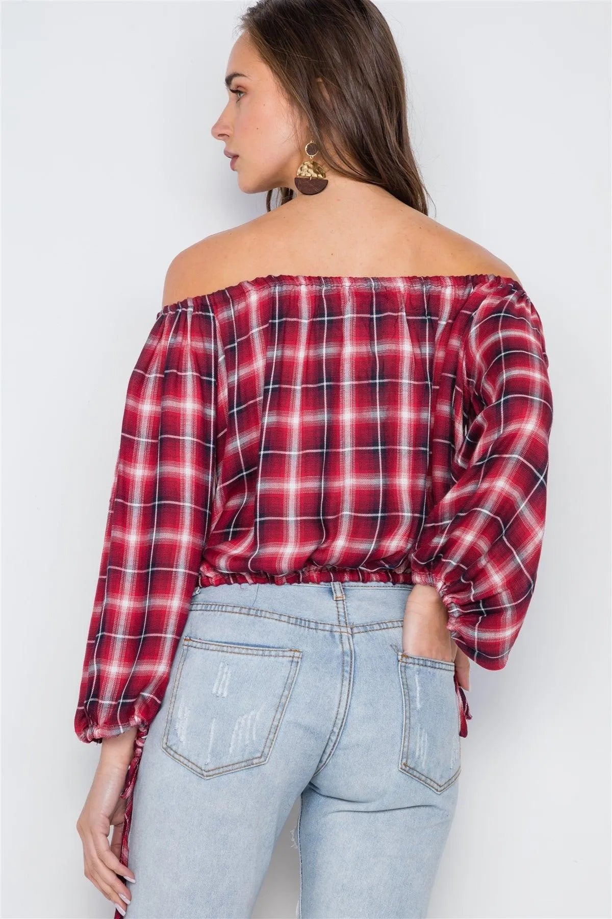 Multi Red Plaid Off-The-Shoulder Top /2-1-1 - Tasha Apparel Wholesale