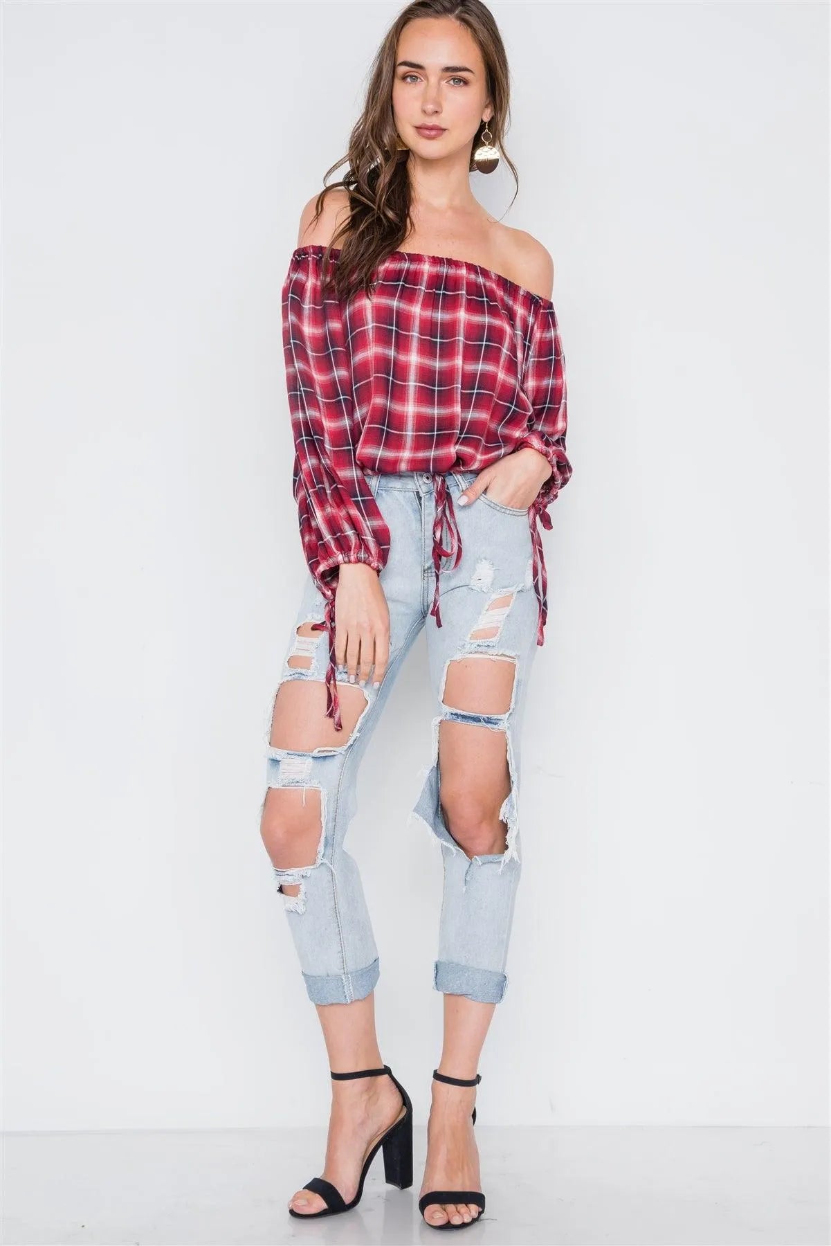 Multi Red Plaid Off-The-Shoulder Top /2-1-1 - Tasha Apparel Wholesale