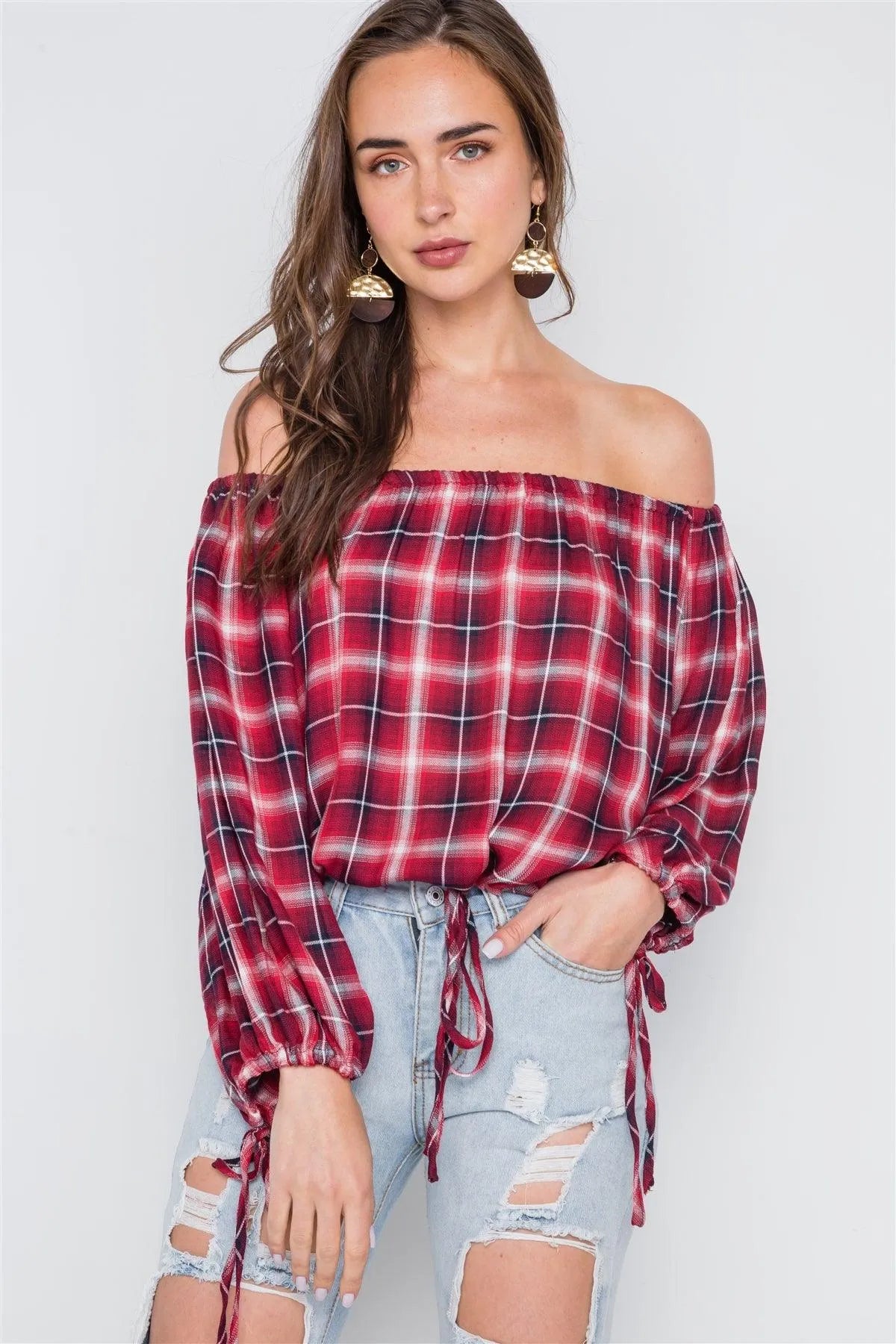 Multi Red Plaid Off-The-Shoulder Top /2-1-1 - Tasha Apparel Wholesale