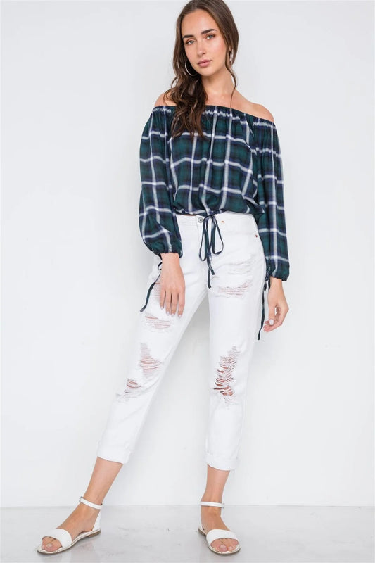 Multi Black Plaid Off-The-Shoulder Top /1-3-3 - Tasha Apparel Wholesale
