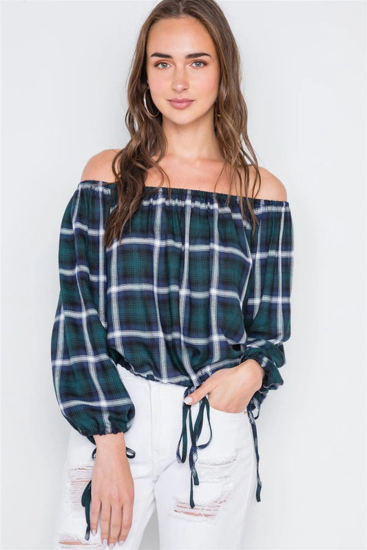 Multi Black Plaid Off-The-Shoulder Top - Tasha Apparel Wholesale