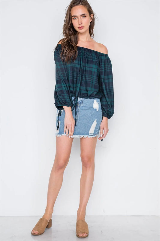Green Plaid Off-The-Shoulder Top /2-2-3 - Tasha Apparel Wholesale
