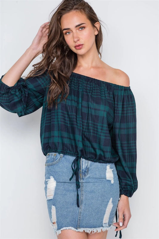 Green Plaid Off-The-Shoulder Top /2-3-3 - Tasha Apparel Wholesale
