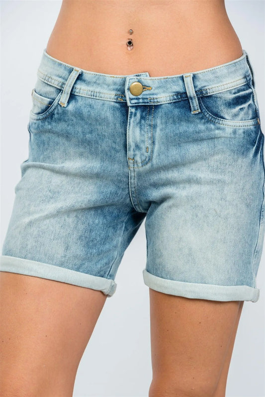 Light Blue Mid-Length Cuffed Hem Shorts /2-3-3-2 - Tasha Apparel Wholesale