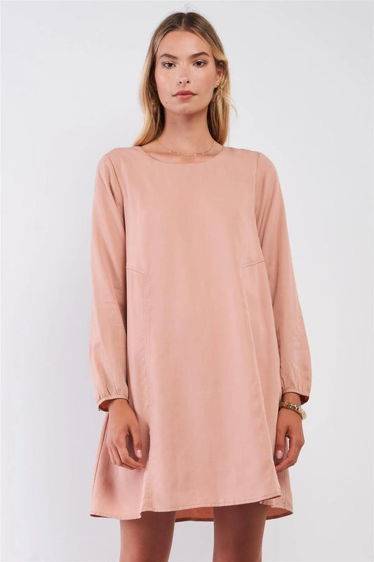 Peach Long Bishop Sleeve Round Neck Straight-Cut Relaxed Mini Dress /1-2-2-1 - Tasha Apparel Wholesale