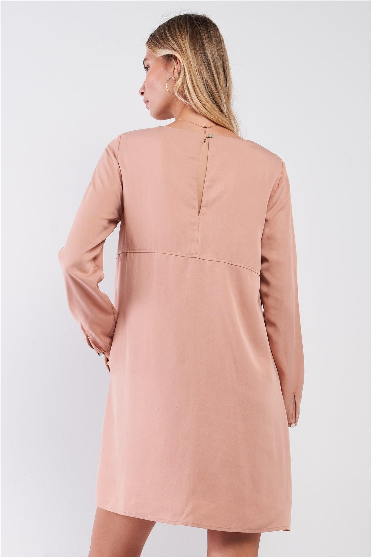 Peach Long Bishop Sleeve Round Neck Straight-Cut Relaxed Mini Dress /1-2-2-1