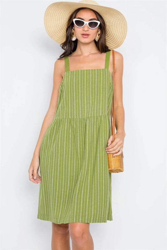 Stripe Button Back Hemp Fern Overall Shift Dress - Tasha Apparel Wholesale