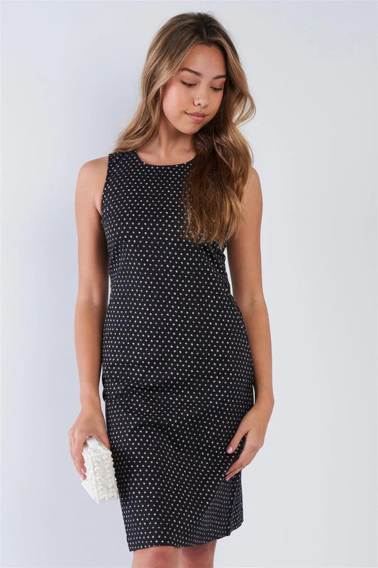 Black Dot Print Linen Sleeveless Midi Dress /1-3-1-1 - Tasha Apparel Wholesale