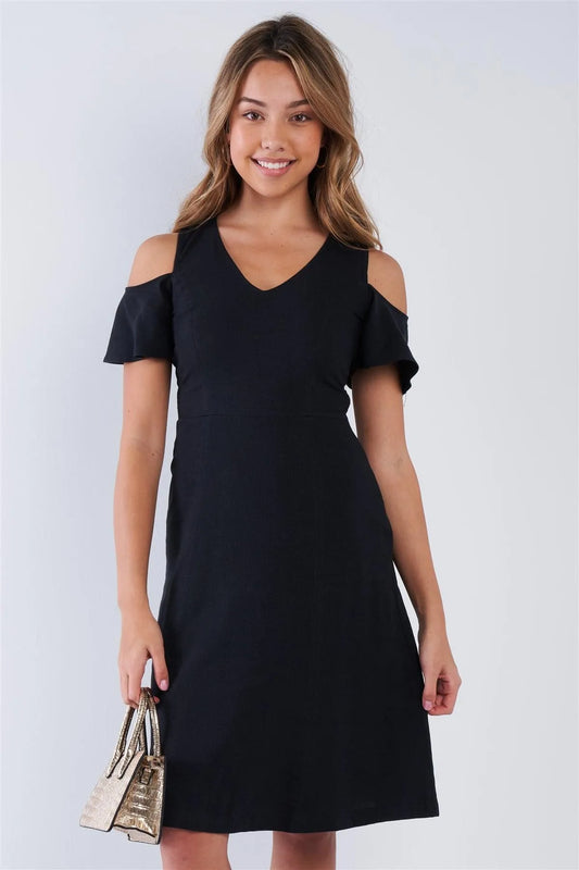 Black V-neck Linen Cold Shoulder Midi Dress /1-2-2-1 - Tasha Apparel Wholesale